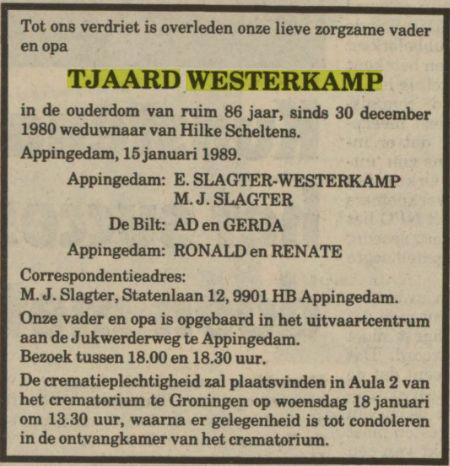 overlijdensadvertentie tjaard westerkamp in Jul 1989.